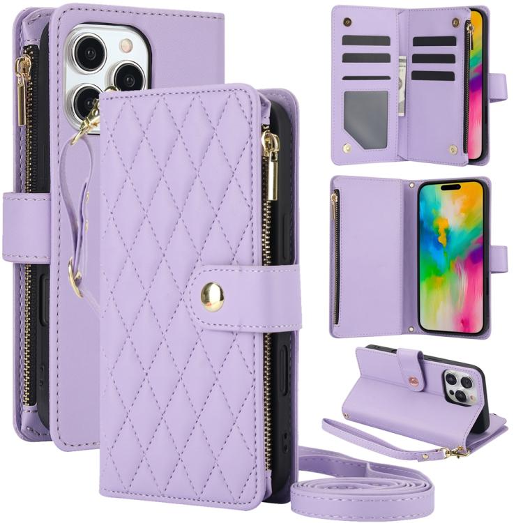 YM016 Rhombic Zipper Card Wallet Leather Phone Case with Lanyard, For iPhone 16 Plus, For iPhone 16, For iPhone 15 Pro Max