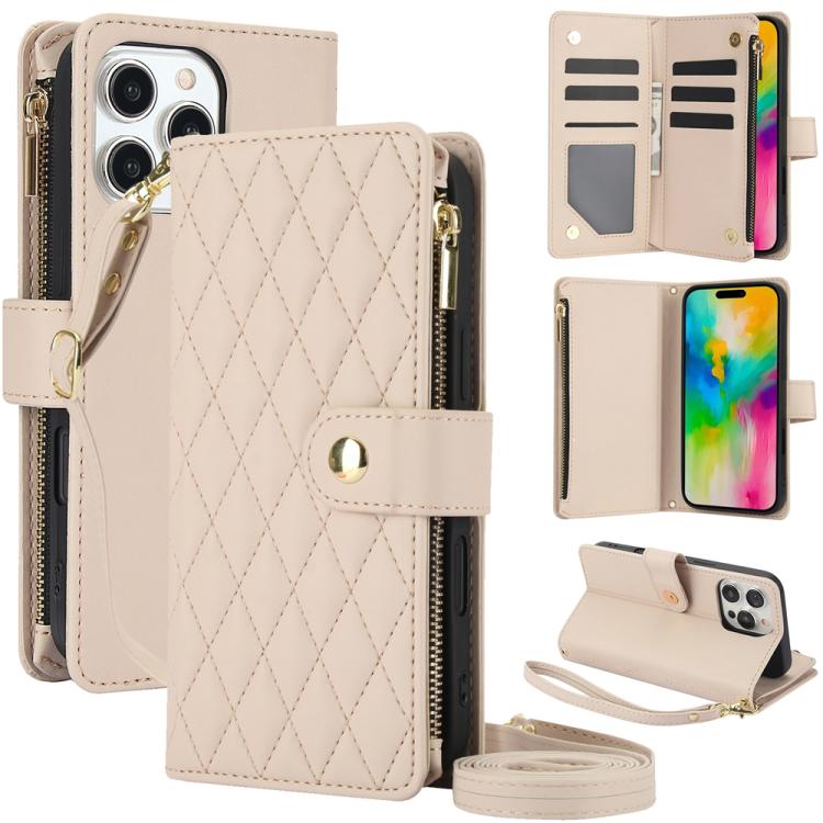 YM016 Rhombic Zipper Card Wallet Leather Phone Case with Lanyard, For iPhone 16 Plus, For iPhone 16, For iPhone 15 Pro Max