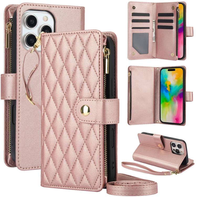 YM016 Rhombic Zipper Card Wallet Leather Phone Case with Lanyard, For iPhone 16 Plus, For iPhone 16, For iPhone 15 Pro Max