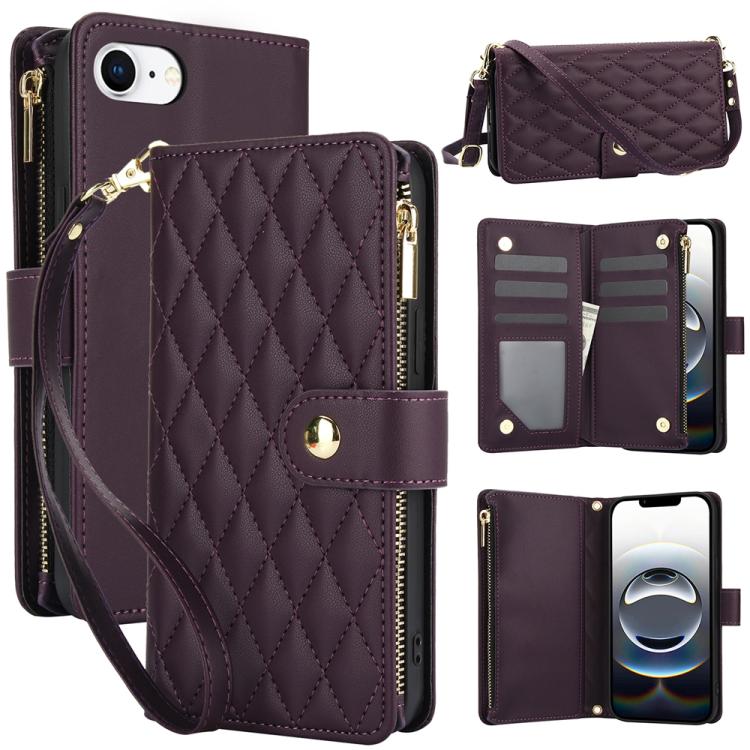 YM016 Rhombic Zipper Card Wallet Leather Phone Case with Lanyard, For iPhone 16e, For iPhone 16 Pro Max, For iPhone 16 Pro