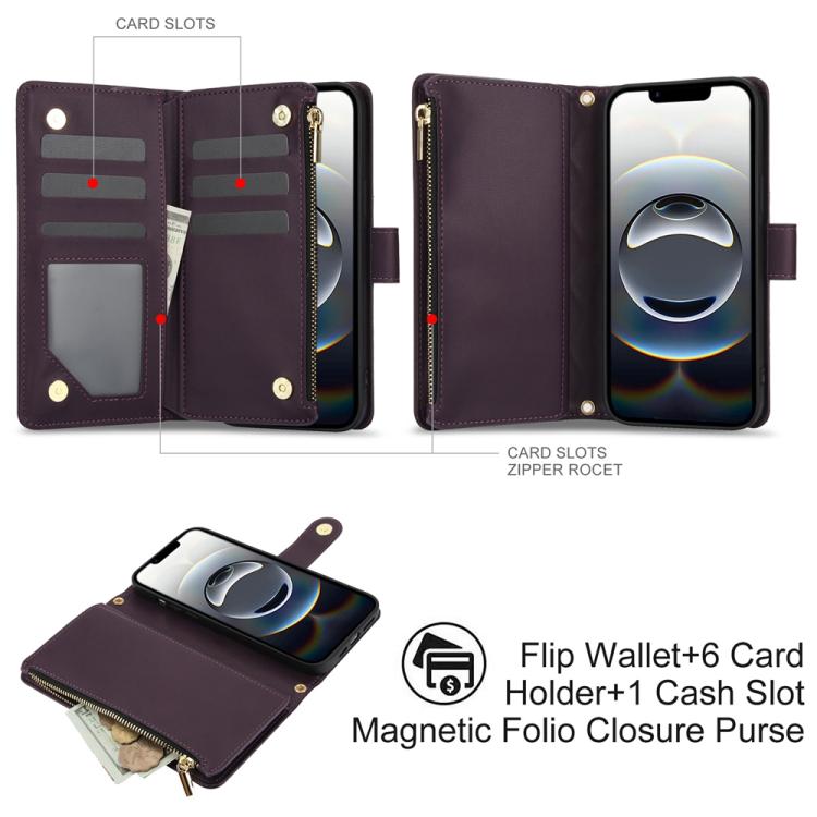 YM016 Rhombic Zipper Card Wallet Leather Phone Case with Lanyard, For iPhone 16e, For iPhone 16 Pro Max, For iPhone 16 Pro