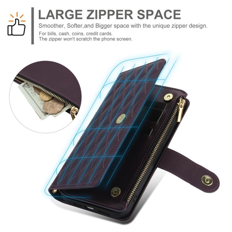 YM016 Rhombic Zipper Card Wallet Leather Phone Case with Lanyard, For iPhone 16e, For iPhone 16 Pro Max, For iPhone 16 Pro