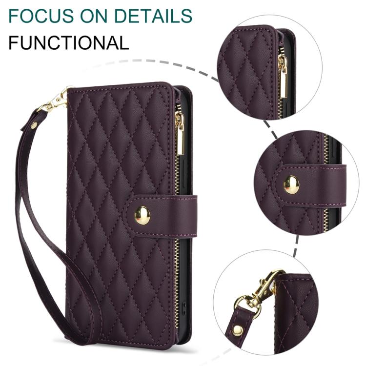 YM016 Rhombic Zipper Card Wallet Leather Phone Case with Lanyard, For iPhone 16e, For iPhone 16 Pro Max, For iPhone 16 Pro