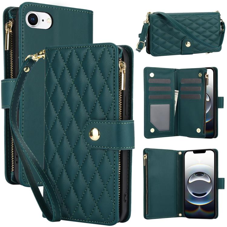 YM016 Rhombic Zipper Card Wallet Leather Phone Case with Lanyard, For iPhone 16e, For iPhone 16 Pro Max, For iPhone 16 Pro