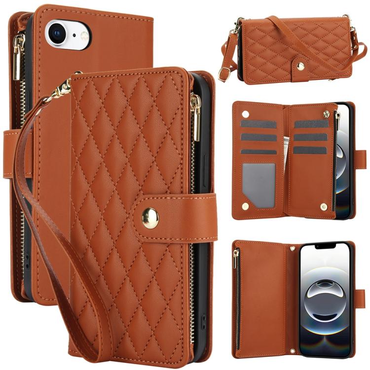 YM016 Rhombic Zipper Card Wallet Leather Phone Case with Lanyard, For iPhone 16e, For iPhone 16 Pro Max, For iPhone 16 Pro