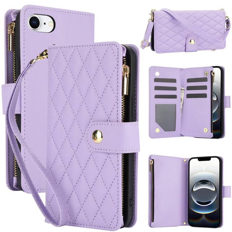 YM016 Rhombic Zipper Card Wallet Leather Phone Case with Lanyard, For iPhone 16e, For iPhone 16 Pro Max, For iPhone 16 Pro