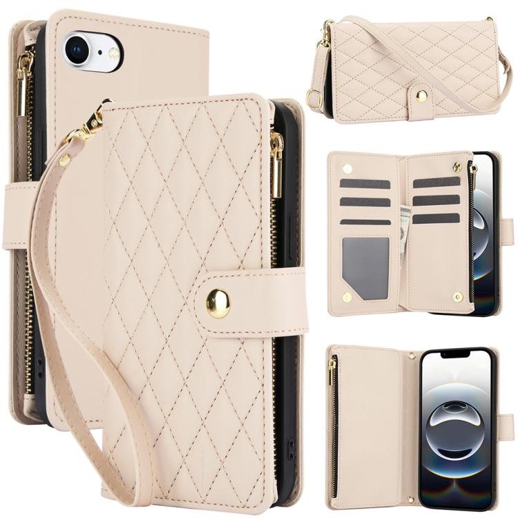 YM016 Rhombic Zipper Card Wallet Leather Phone Case with Lanyard, For iPhone 16e, For iPhone 16 Pro Max, For iPhone 16 Pro