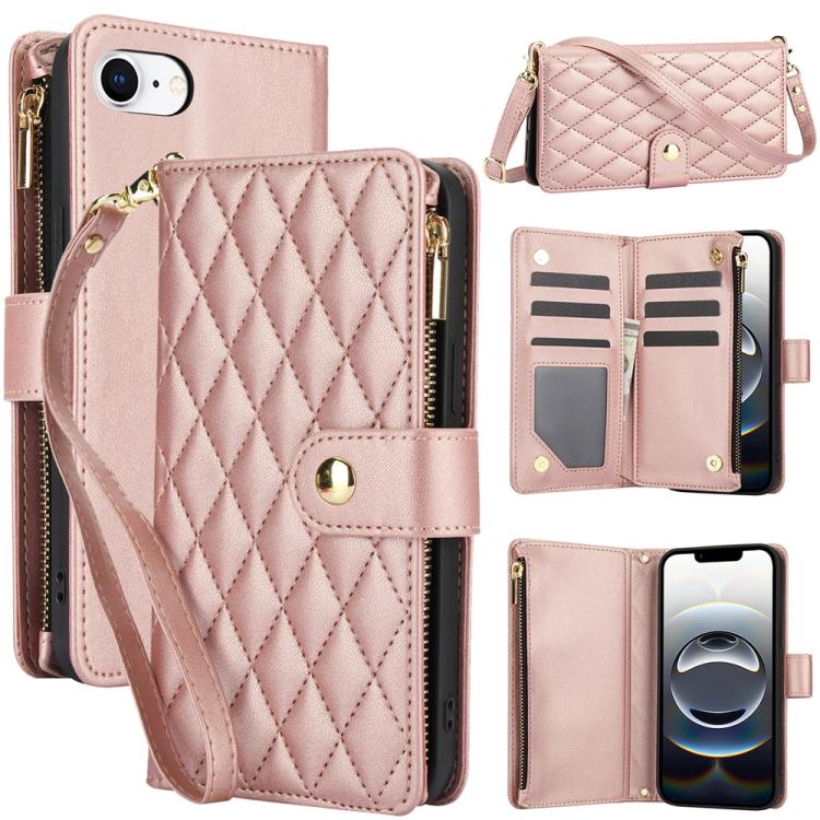 YM016 Rhombic Zipper Card Wallet Leather Phone Case with Lanyard, For iPhone 16e, For iPhone 16 Pro Max, For iPhone 16 Pro