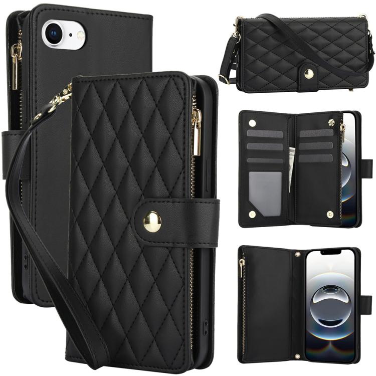 YM016 Rhombic Zipper Card Wallet Leather Phone Case with Lanyard, For iPhone 16e, For iPhone 16 Pro Max, For iPhone 16 Pro