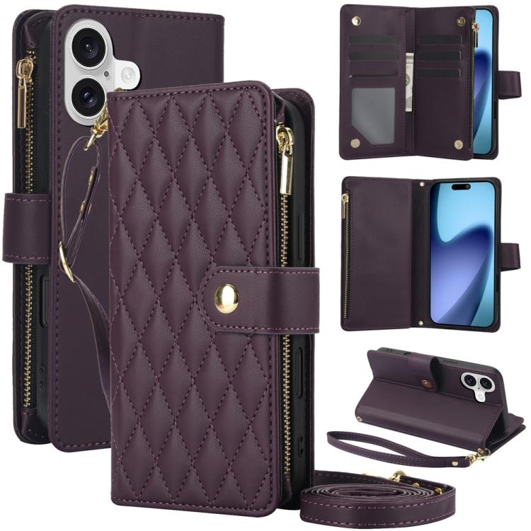 YM016 Rhombic Zipper Card Wallet Leather Phone Case with Lanyard, For iPhone 16 Plus, For iPhone 16, For iPhone 15 Pro Max