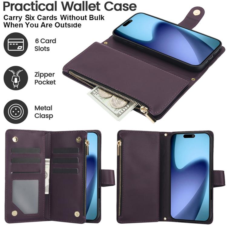 YM016 Rhombic Zipper Card Wallet Leather Phone Case with Lanyard, For iPhone 16 Plus, For iPhone 16, For iPhone 15 Pro Max