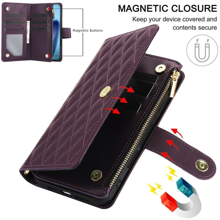 YM016 Rhombic Zipper Card Wallet Leather Phone Case with Lanyard, For iPhone 16 Plus, For iPhone 16, For iPhone 15 Pro Max