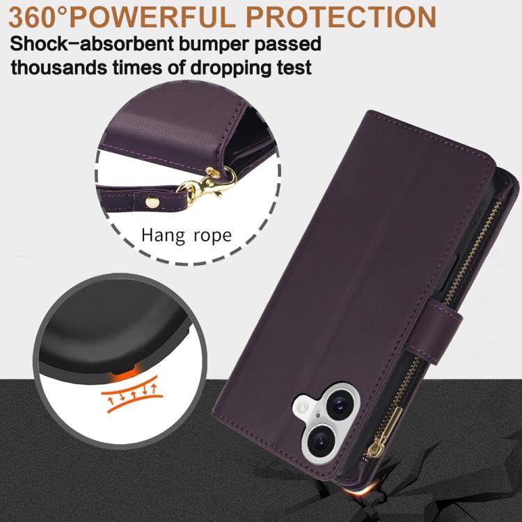 YM016 Rhombic Zipper Card Wallet Leather Phone Case with Lanyard, For iPhone 16 Plus, For iPhone 16, For iPhone 15 Pro Max