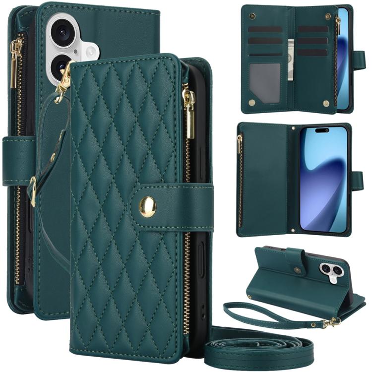 YM016 Rhombic Zipper Card Wallet Leather Phone Case with Lanyard, For iPhone 16 Plus, For iPhone 16, For iPhone 15 Pro Max