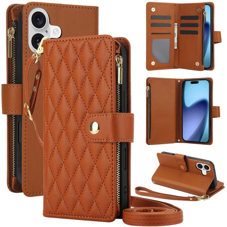 YM016 Rhombic Zipper Card Wallet Leather Phone Case with Lanyard, For iPhone 16 Plus, For iPhone 16, For iPhone 15 Pro Max