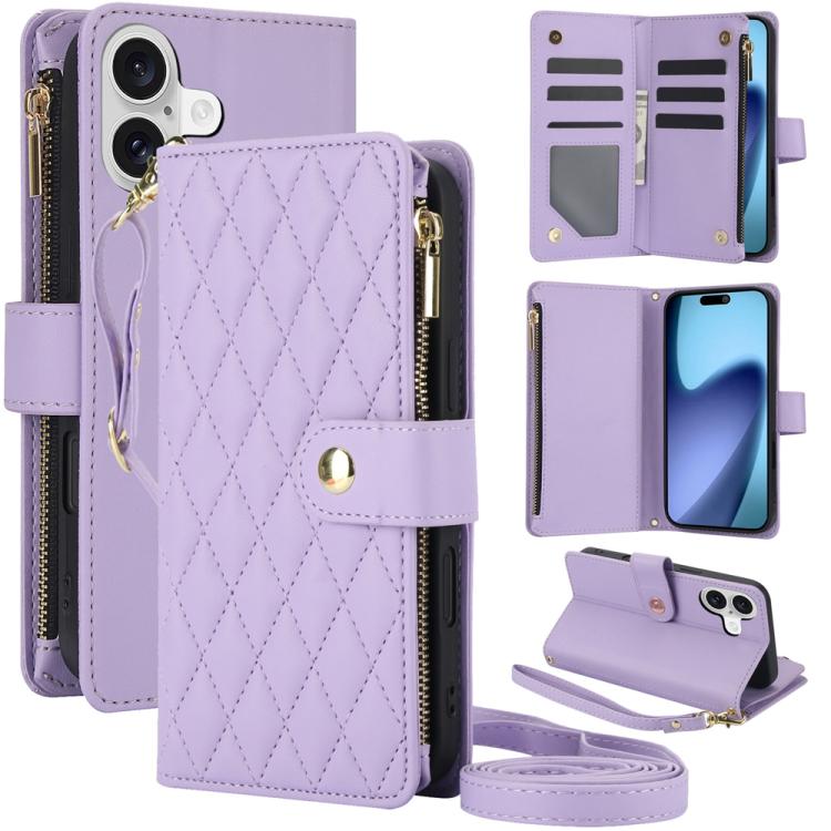 YM016 Rhombic Zipper Card Wallet Leather Phone Case with Lanyard, For iPhone 16 Plus, For iPhone 16, For iPhone 15 Pro Max
