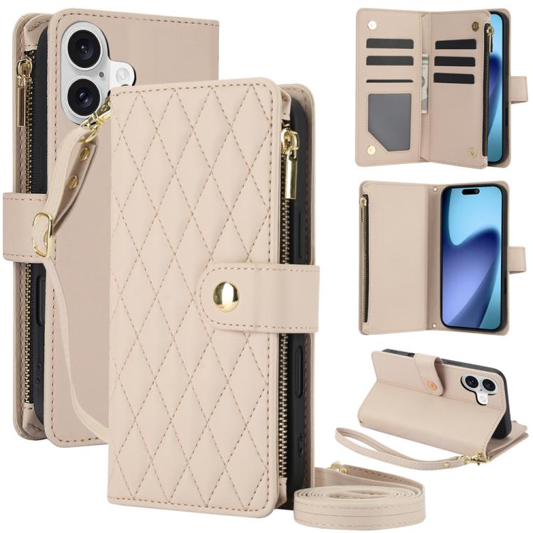 YM016 Rhombic Zipper Card Wallet Leather Phone Case with Lanyard, For iPhone 16 Plus, For iPhone 16, For iPhone 15 Pro Max