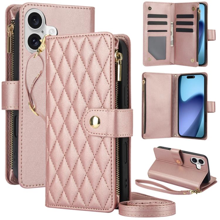 YM016 Rhombic Zipper Card Wallet Leather Phone Case with Lanyard, For iPhone 16 Plus, For iPhone 16, For iPhone 15 Pro Max