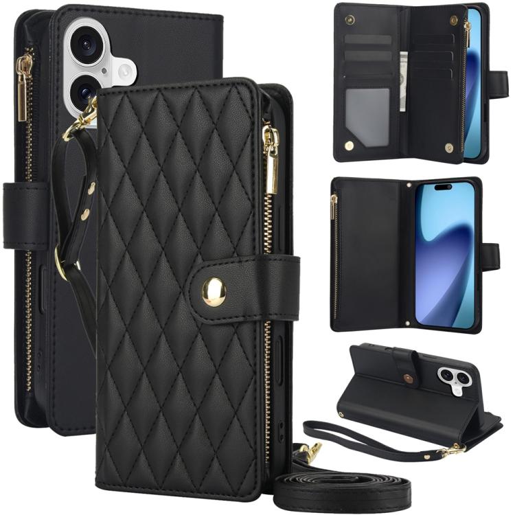 YM016 Rhombic Zipper Card Wallet Leather Phone Case with Lanyard, For iPhone 16 Plus, For iPhone 16, For iPhone 15 Pro Max