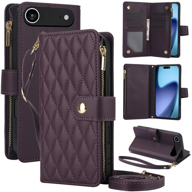 YM016 Rhombic Zipper Card Wallet Leather Phone Case with Lanyard, For iPhone 16 Plus, For iPhone 16, For iPhone 15 Pro Max