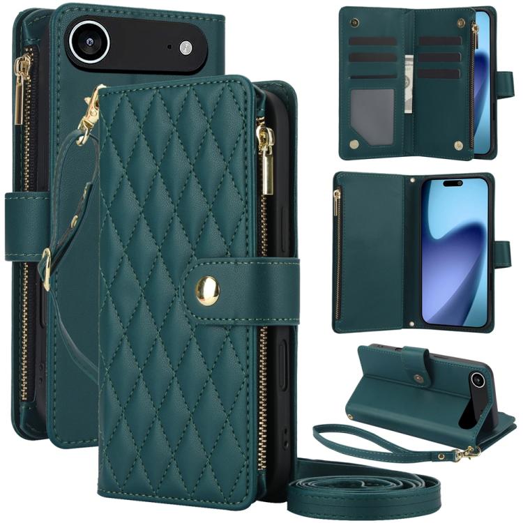 YM016 Rhombic Zipper Card Wallet Leather Phone Case with Lanyard, For iPhone 16 Plus, For iPhone 16, For iPhone 15 Pro Max