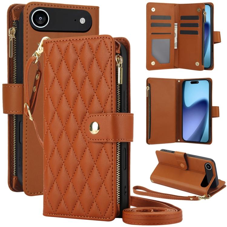 YM016 Rhombic Zipper Card Wallet Leather Phone Case with Lanyard, For iPhone 16 Plus, For iPhone 16, For iPhone 15 Pro Max