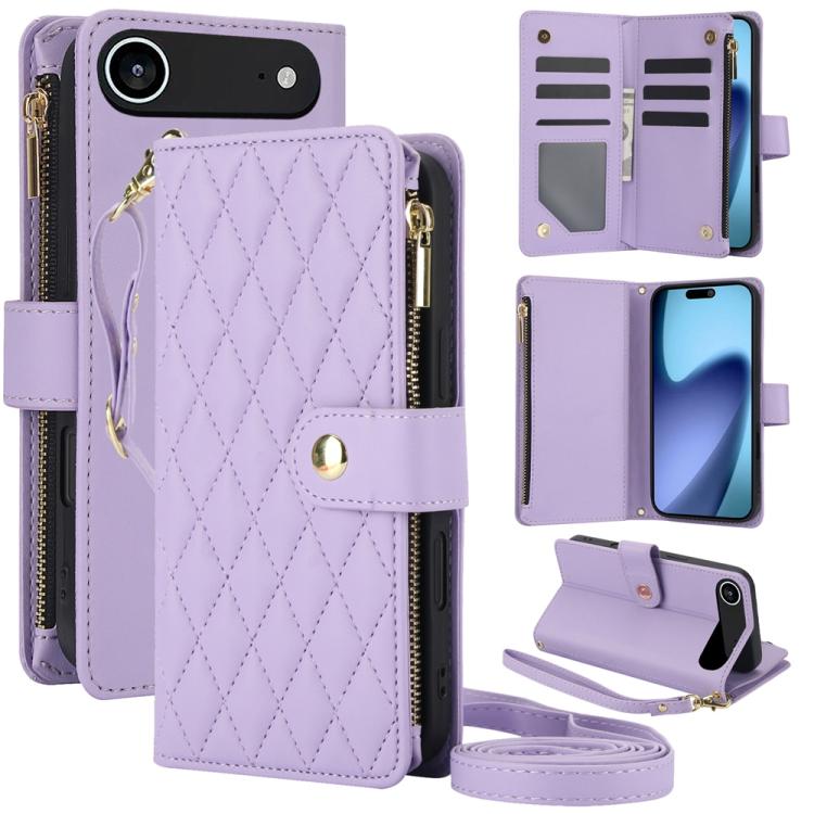 YM016 Rhombic Zipper Card Wallet Leather Phone Case with Lanyard, For iPhone 16 Plus, For iPhone 16, For iPhone 15 Pro Max