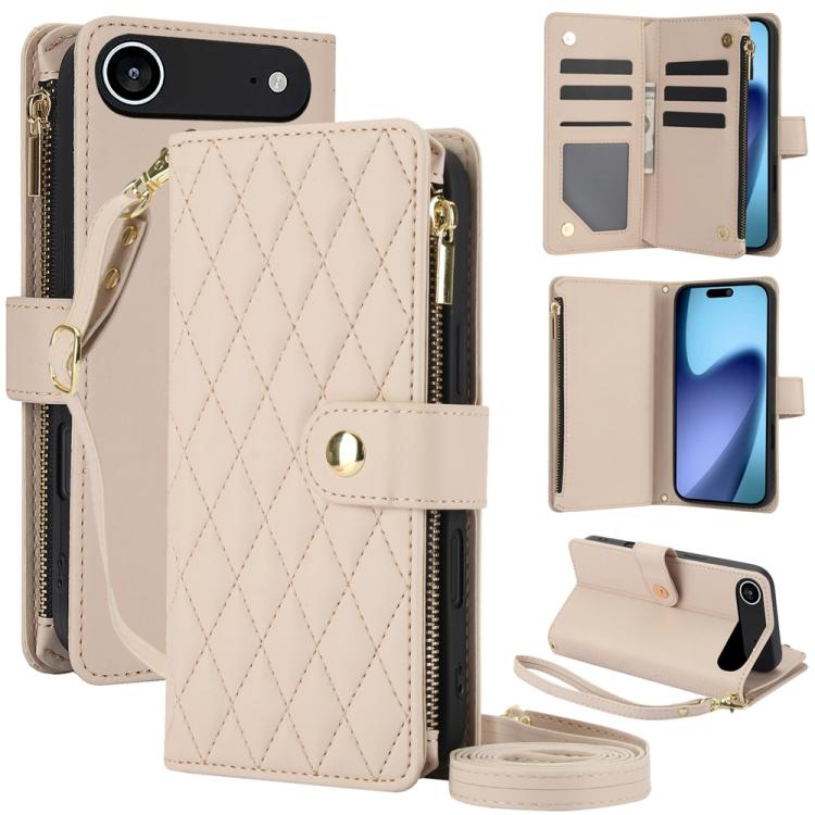 YM016 Rhombic Zipper Card Wallet Leather Phone Case with Lanyard, For iPhone 16 Plus, For iPhone 16, For iPhone 15 Pro Max