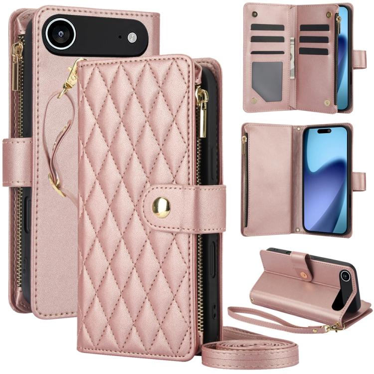 YM016 Rhombic Zipper Card Wallet Leather Phone Case with Lanyard, For iPhone 16 Plus, For iPhone 16, For iPhone 15 Pro Max
