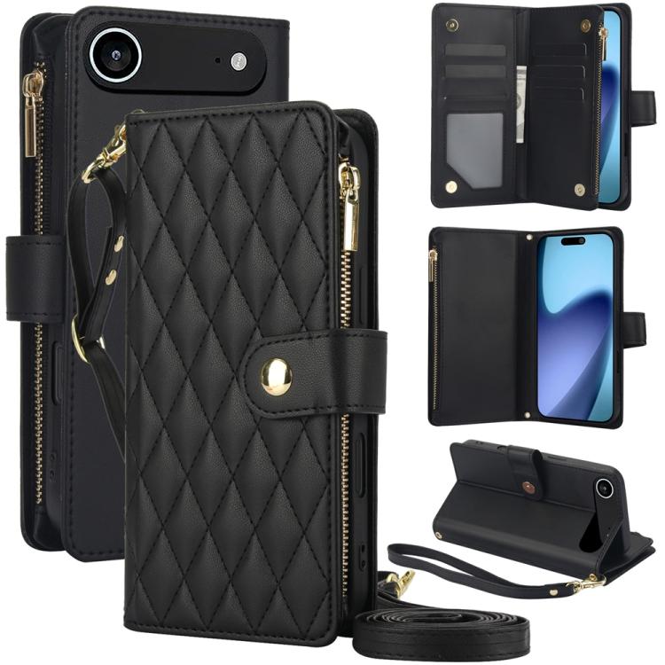 YM016 Rhombic Zipper Card Wallet Leather Phone Case with Lanyard, For iPhone 16 Plus, For iPhone 16, For iPhone 15 Pro Max