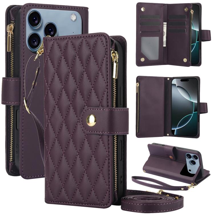 YM016 Rhombic Zipper Card Wallet Leather Phone Case with Lanyard, For iPhone 16e, For iPhone 16 Pro Max, For iPhone 16 Pro