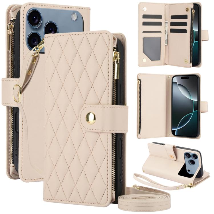 YM016 Rhombic Zipper Card Wallet Leather Phone Case with Lanyard, For iPhone 16e, For iPhone 16 Pro Max, For iPhone 16 Pro