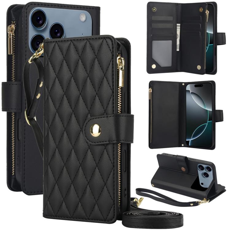 YM016 Rhombic Zipper Card Wallet Leather Phone Case with Lanyard, For iPhone 16e, For iPhone 16 Pro Max, For iPhone 16 Pro