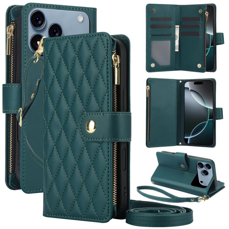 YM016 Rhombic Zipper Card Wallet Leather Phone Case with Lanyard, For iPhone 16e, For iPhone 16 Pro Max, For iPhone 16 Pro
