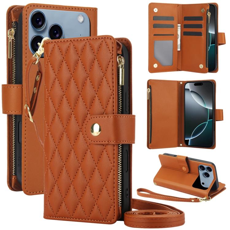 YM016 Rhombic Zipper Card Wallet Leather Phone Case with Lanyard, For iPhone 16e, For iPhone 16 Pro Max, For iPhone 16 Pro