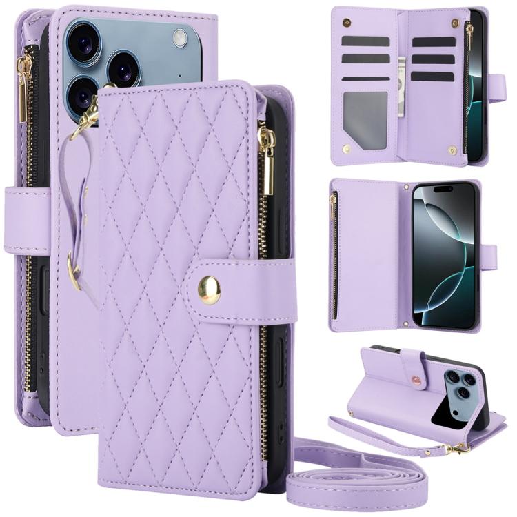 YM016 Rhombic Zipper Card Wallet Leather Phone Case with Lanyard, For iPhone 16e, For iPhone 16 Pro Max, For iPhone 16 Pro