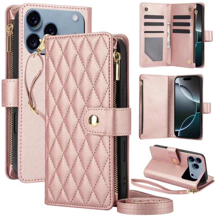 YM016 Rhombic Zipper Card Wallet Leather Phone Case with Lanyard, For iPhone 16e, For iPhone 16 Pro Max, For iPhone 16 Pro