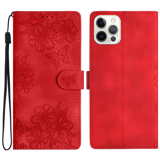 Cherry Blossom Butterfly Skin Feel Embossed PU Phone Case, For iPhone 15 Pro Max, For iPhone 15 Pro, For iPhone 15 Plus