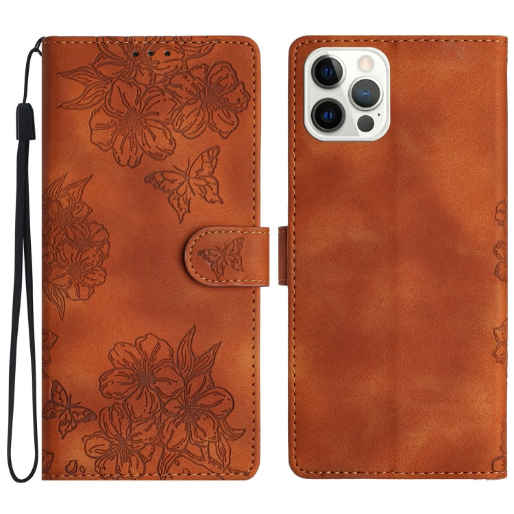 Cherry Blossom Butterfly Skin Feel Embossed PU Phone Case, For iPhone 15 Pro Max, For iPhone 15 Pro, For iPhone 15 Plus