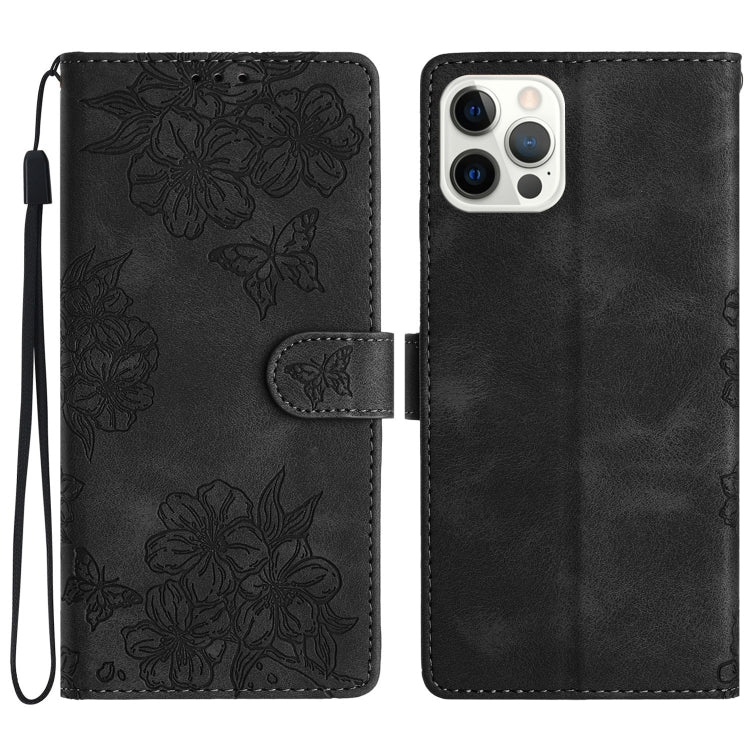 Cherry Blossom Butterfly Skin Feel Embossed PU Phone Case, For iPhone 15 Pro Max, For iPhone 15 Pro, For iPhone 15 Plus