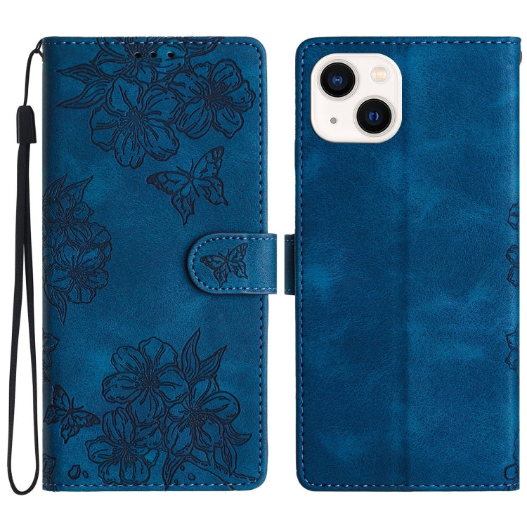 Cherry Blossom Butterfly Skin Feel Embossed PU Phone Case, For iPhone 15 Pro Max, For iPhone 15 Pro, For iPhone 15 Plus