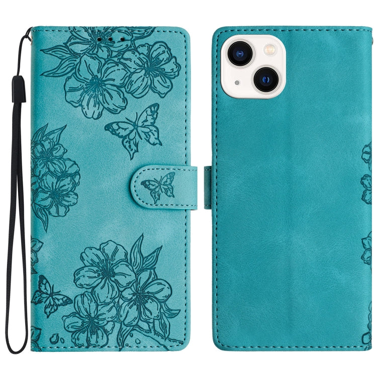 Cherry Blossom Butterfly Skin Feel Embossed PU Phone Case, For iPhone 15 Pro Max, For iPhone 15 Pro, For iPhone 15 Plus