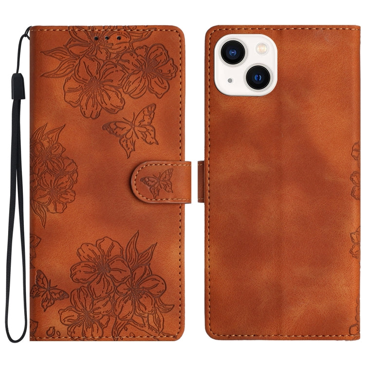 Cherry Blossom Butterfly Skin Feel Embossed PU Phone Case, For iPhone 15 Pro Max, For iPhone 15 Pro, For iPhone 15 Plus