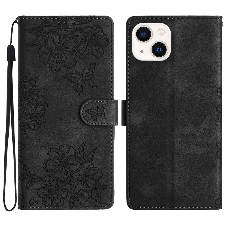 Cherry Blossom Butterfly Skin Feel Embossed PU Phone Case, For iPhone 15 Pro Max, For iPhone 15 Pro, For iPhone 15 Plus