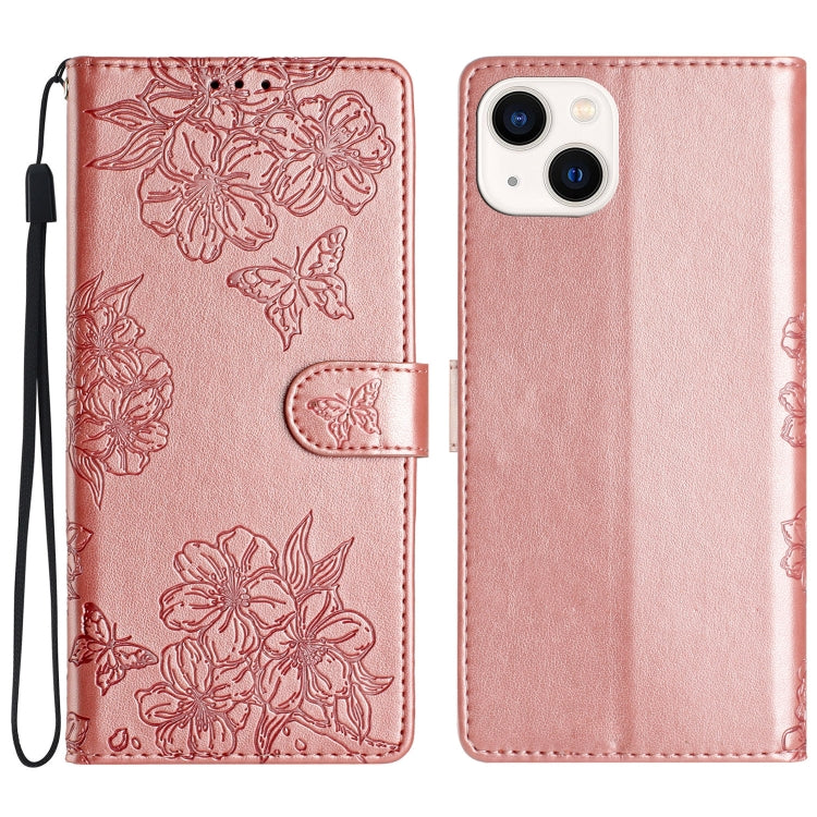 Cherry Blossom Butterfly Skin Feel Embossed PU Phone Case, For iPhone 15 Pro Max, For iPhone 15 Pro, For iPhone 15 Plus