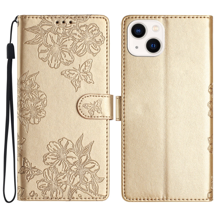 Cherry Blossom Butterfly Skin Feel Embossed PU Phone Case, For iPhone 15, For iPhone 14 Plus, For iPhone 14