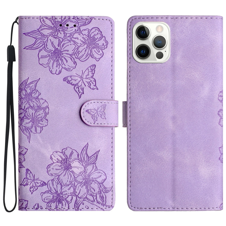 Cherry Blossom Butterfly Skin Feel Embossed PU Phone Case, For iPhone 13 Pro Max, For iPhone 13 Pro, For iPhone 13