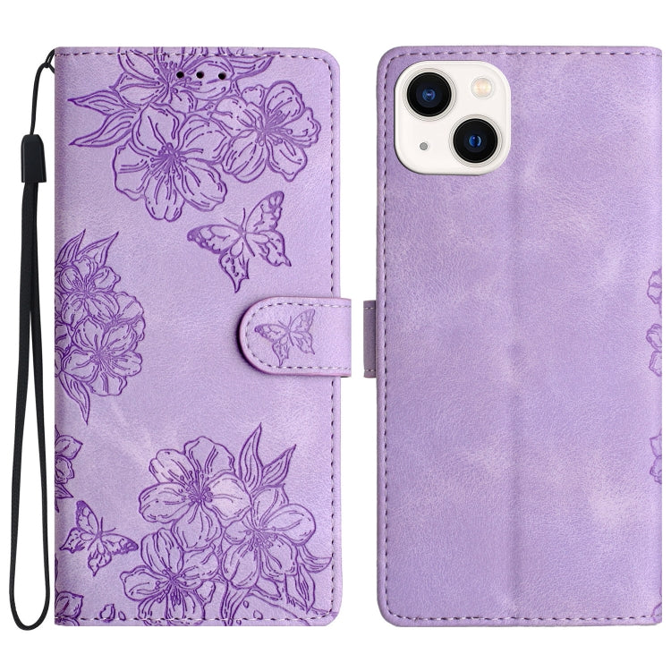 Cherry Blossom Butterfly Skin Feel Embossed PU Phone Case, For iPhone 13 Pro Max, For iPhone 13 Pro, For iPhone 13