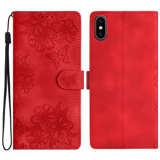 Cherry Blossom Butterfly Skin Feel Embossed PU Phone Case, For iPhone XS Max, For iPhone 8 Plus / 7 Plus