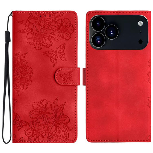 Cherry Blossom Butterfly Skin Feel Embossed PU Phone Case, For iPhone 16e / 17e, For iPhone 17 Pro Max, For iPhone 17 Pro
